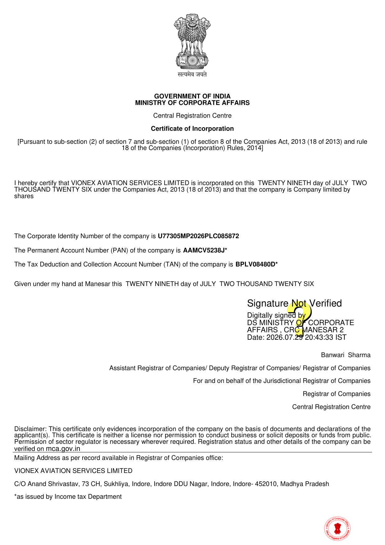 Certificate of Incorporation issued by the Ministry of Corporate Affairs